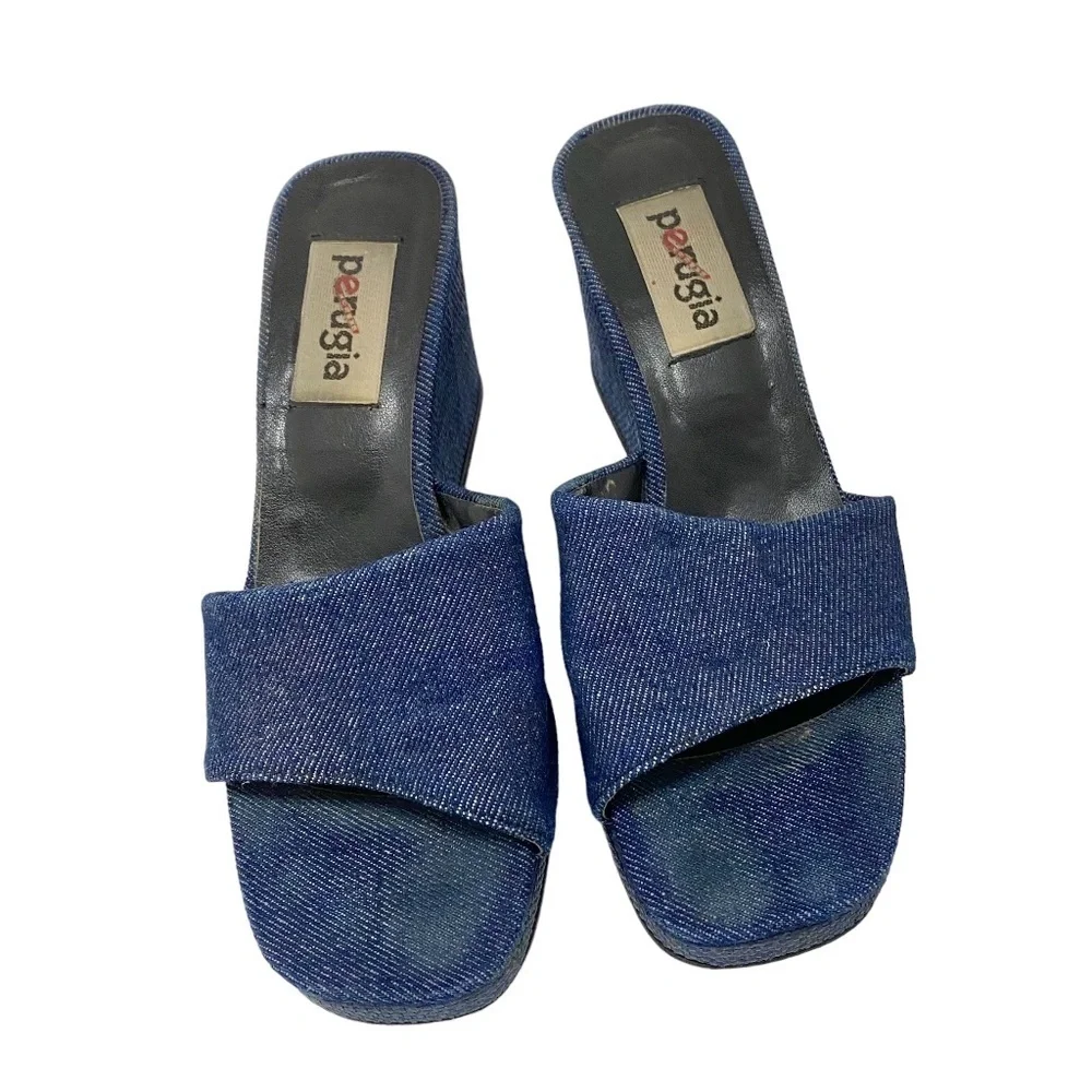 PERUGIA WEDGES HEELED DENIM SANDALS in blue- SIZE 37